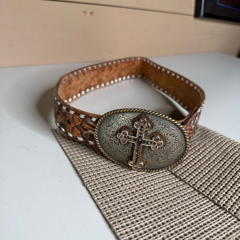 Crumrine Mens Brown Leather Western Belt Cross Buckle Acorn Embossed 28
